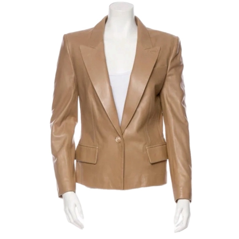 VTG Yves Saint Laurent YSL Tan Beige Leather Single Breasted Blazer Jacket • 40 - Picture 2 of 10